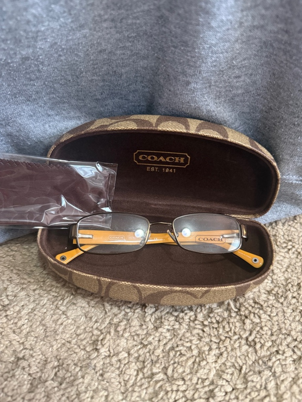 COACH Brown Frames with Yellow Temple Accents. Taryn style